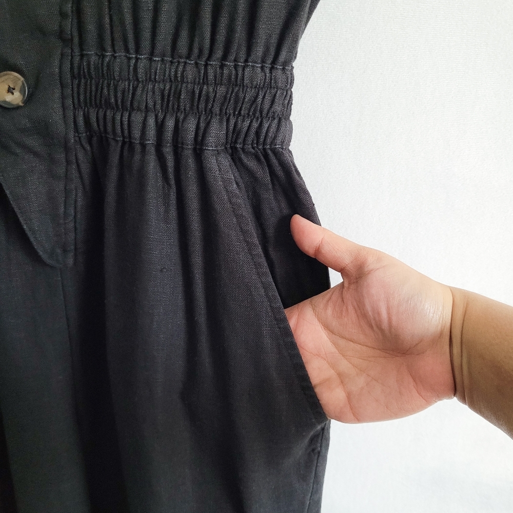 Zara Linen Utility Cargo Black Collared Military Jumpsuit Size Small - Picture 6 of 7